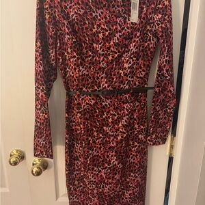 Black Halo Pink and Black Leopard Print Long Sleeve Dress